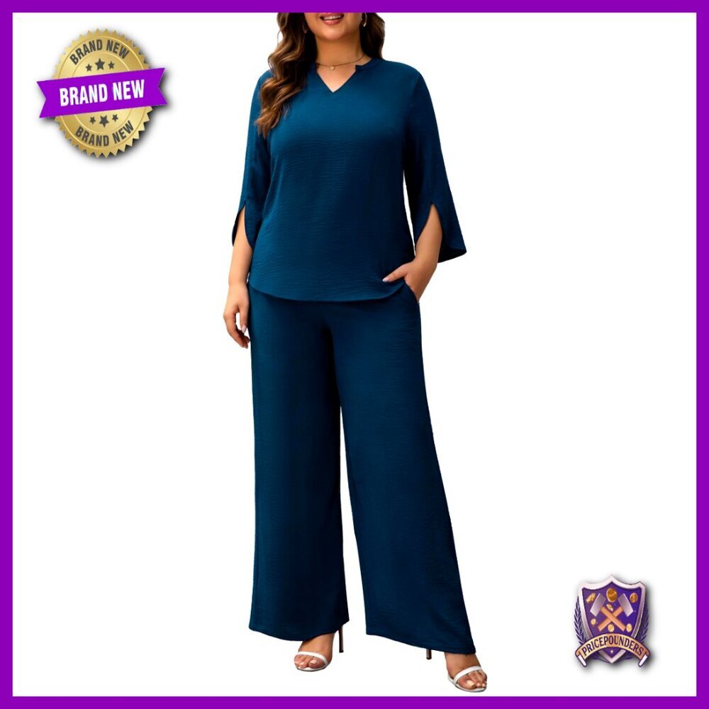 Plus Size 2-Piece Pant Set 3/4 Sleeve Top Wide Leg Pants Work Casual